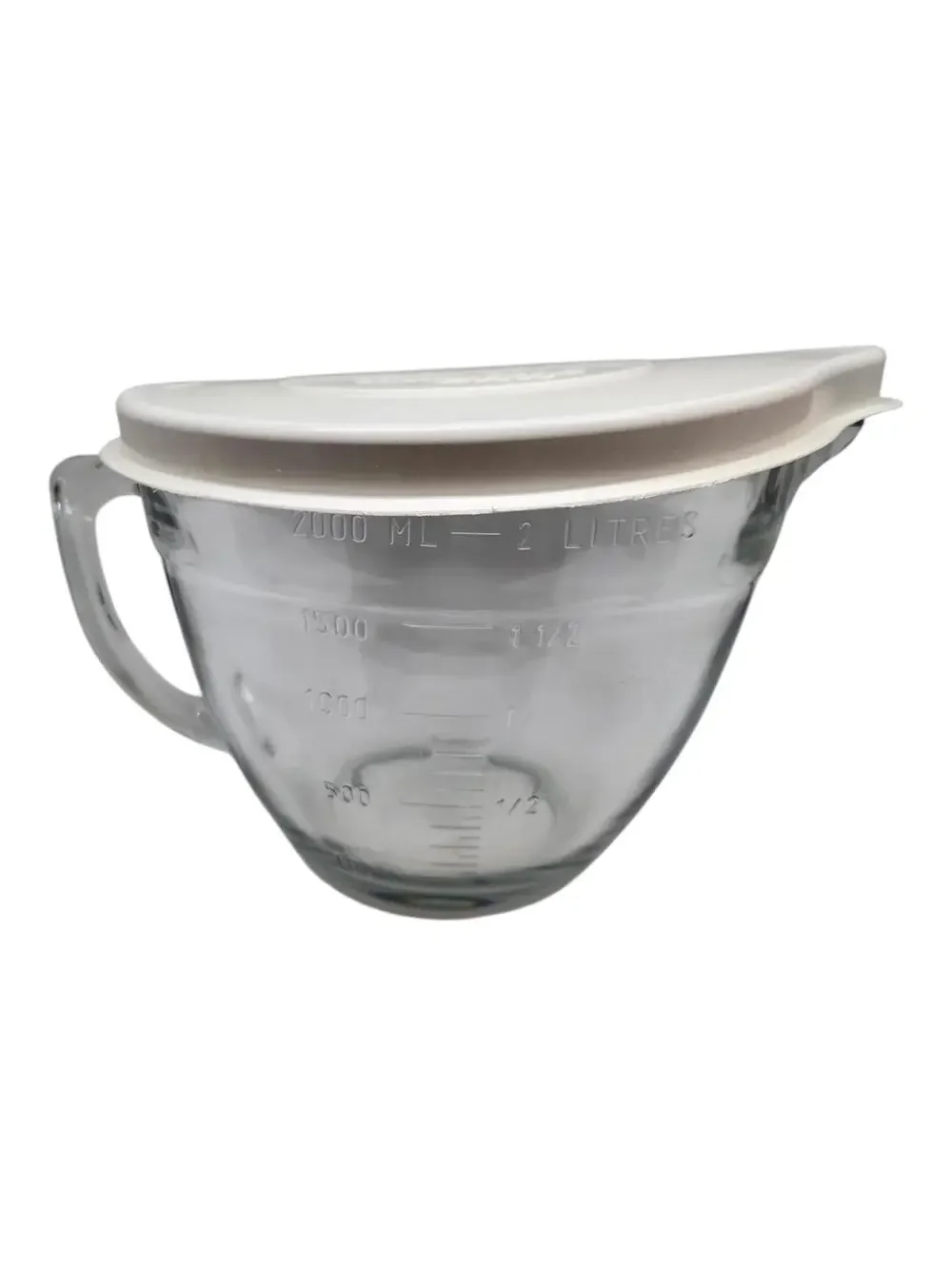 Pampered Chef Measuring cup, Batter Bowl, D handle, clear glass, 2 Quart, 8 Cup